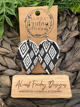 Load image into Gallery viewer, Genuine Leather Earrings - Black - White - Diamond Design - Leaf Cut - Pinched Leaf - Cut Out - Statement Earrings - Neutral
