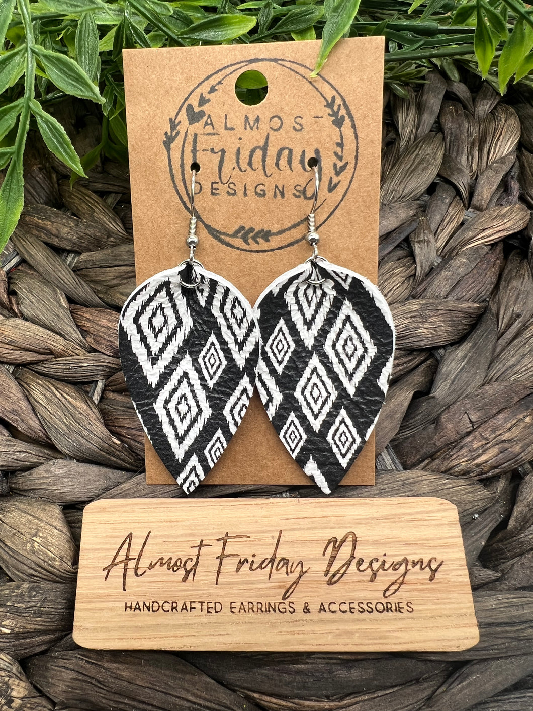 Genuine Leather Earrings - Black - White - Diamond Design - Leaf Cut - Pinched Leaf - Cut Out - Statement Earrings - Neutral