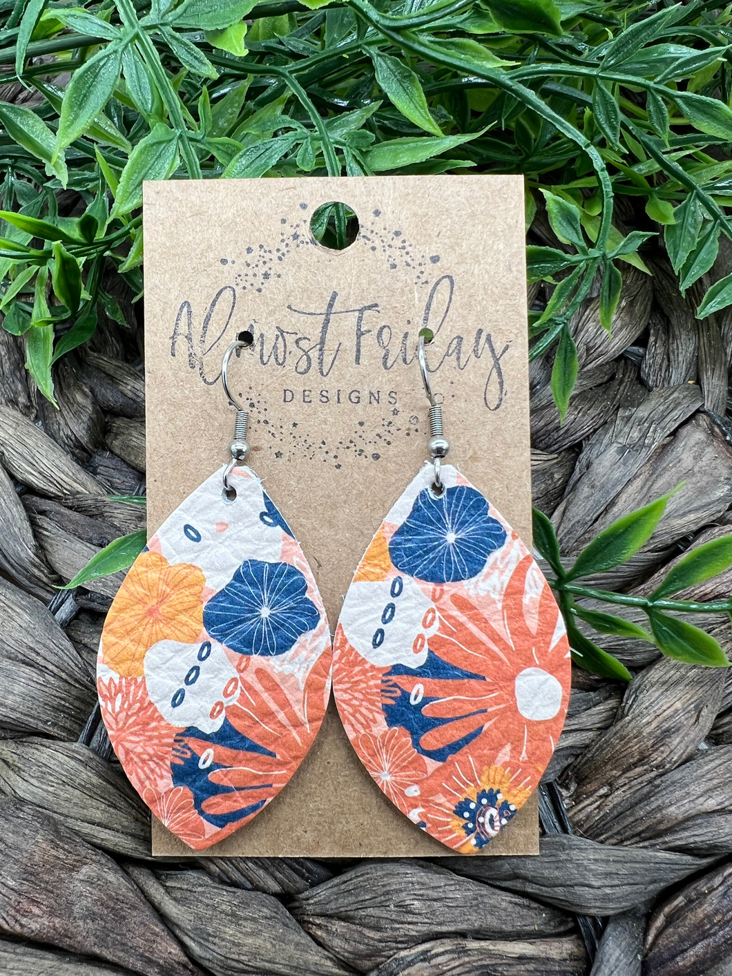 Genuine Leather Earrings - Orange Flowers - Peach - Blue - Fall Earrings - Fall Flowers - Leaf Cut - Cut Out Earrings - Statement Earrings