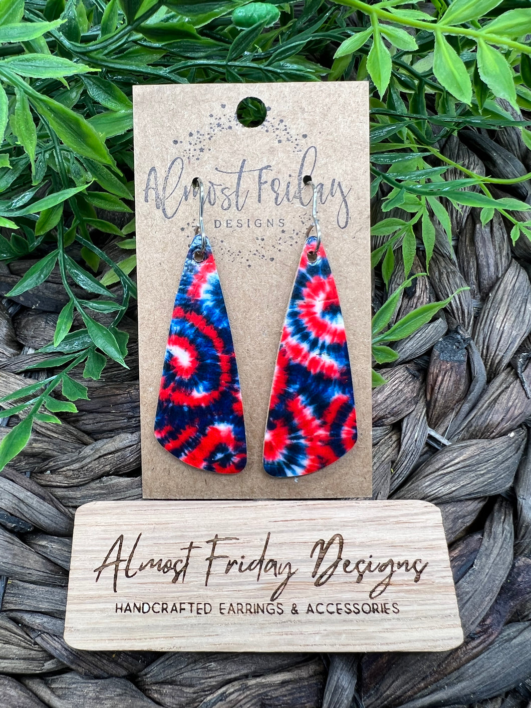 Genuine Leather Earrings - Red - Blue - Patriotic Earrings - Tie Dye - 4th of July - Long Triangle - Independence Day - USA - Olympics
