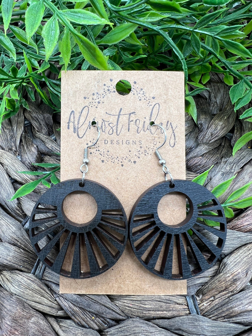 Wood Earrings - Circle - Sun Rays - Black - Ray of Sun - Black - Statement Earrings - Wood - Stained