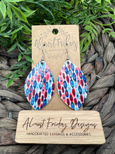 Load image into Gallery viewer, Genuine Leather Earrings - Red - Blue - Patriotic Earrings - Oval Design - Stars and Stripes - 4th of July - Leaf Cut - Independence Day - USA - Olympics - Statement Earrings

