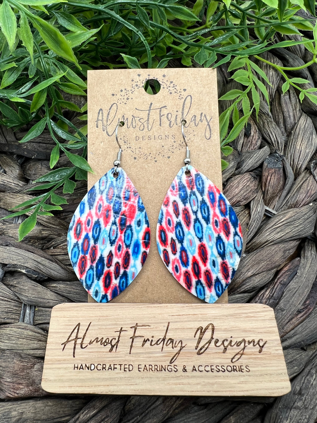 Genuine Leather Earrings - Red - Blue - Patriotic Earrings - Oval Design - Stars and Stripes - 4th of July - Leaf Cut - Independence Day - USA - Olympics - Statement Earrings