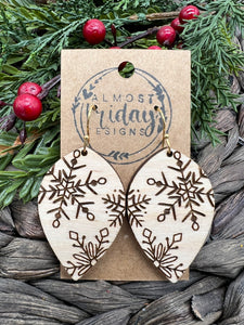 Wood Earrings - Dangle Earrings - Snowflake - Winter Earrings - Teardrop - Statement Earrings - Engraved